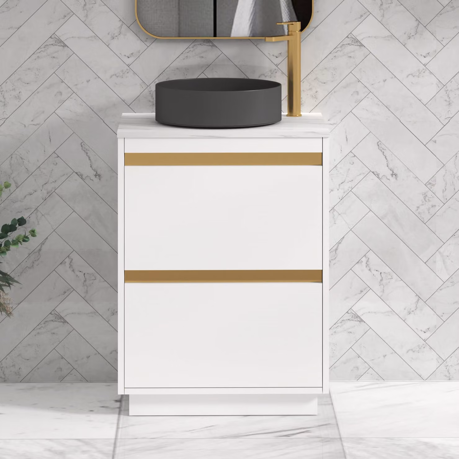Royal Bathrooms Orion 600mm Matt White Floor Standing 2 Drawer Vanity Unit with Art Round Basin and Brushed Brass Accent Trim