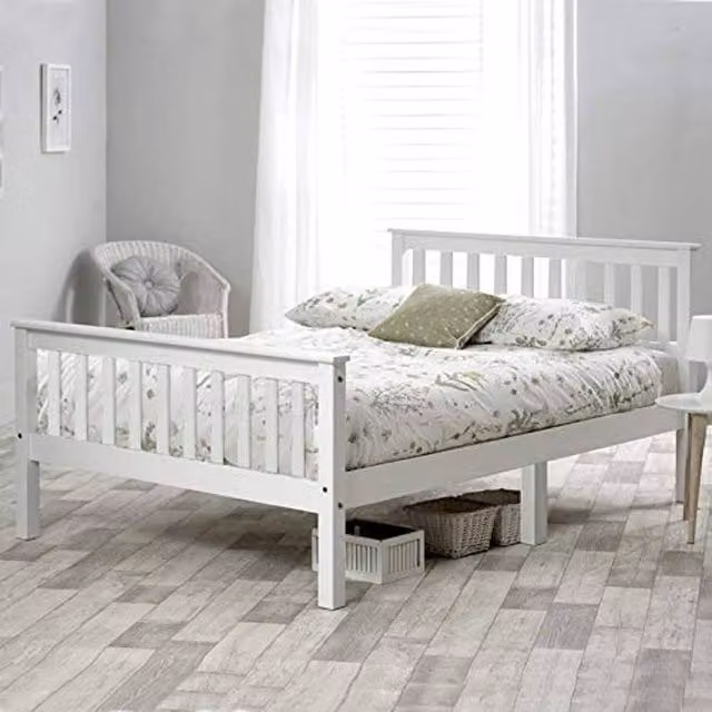 Rolipo White Solid Pine Wood Double Bed Frame, W/D/H: 140 x 200 cm