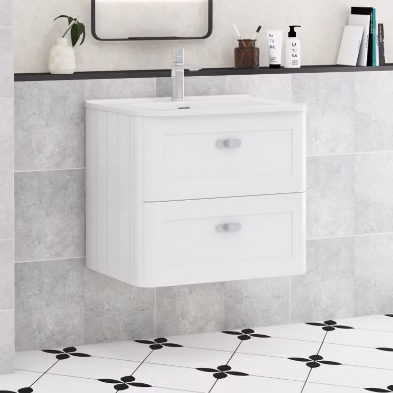 Royal Bathrooms Henley 600mm Gloss White Wall Hung Vanity Unit with 2 Drawers and Ceramic Basin
