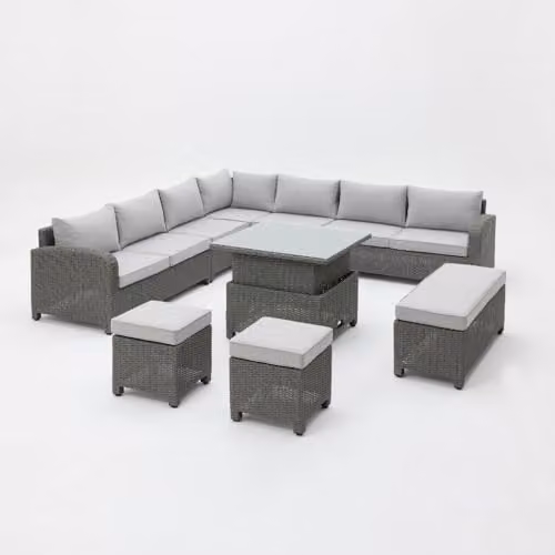 Home Detail 7 Seater L-Shaped Grey Polyrattan Garden Furniture Set with Cushions and Outdoor Coffee Table