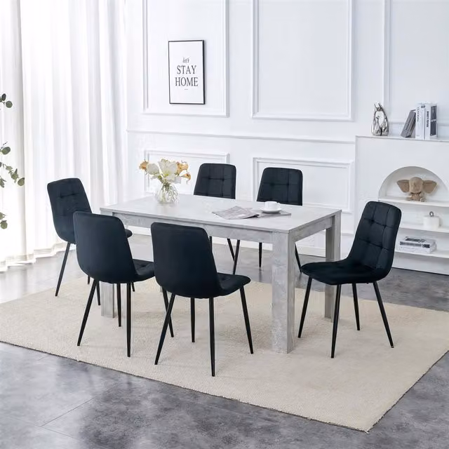 Kosy Koala Stone Grey Effect Wooden Dining Table Set with 6 Black Velvet Chairs in Brown