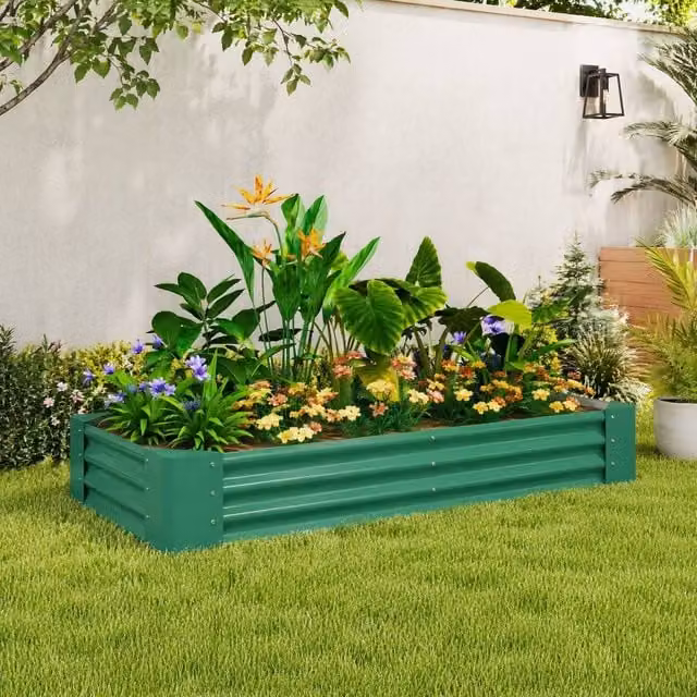 STILVORA Green Galvanised Steel Raised Planter with Open Bottom, W/D/H: 180 x 90 x 30 cm