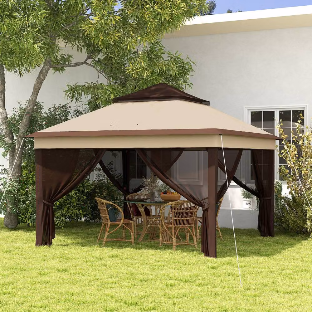 Matteo Beige Pop Up Gazebo with Mesh Walls and UPF 30+ Protection, W/D/H: 326 x 326 x 272 cm – 2