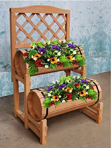 Groundlevel 2 Tier Wood Barrel Planter with Trellis in Brown and Beige – 2