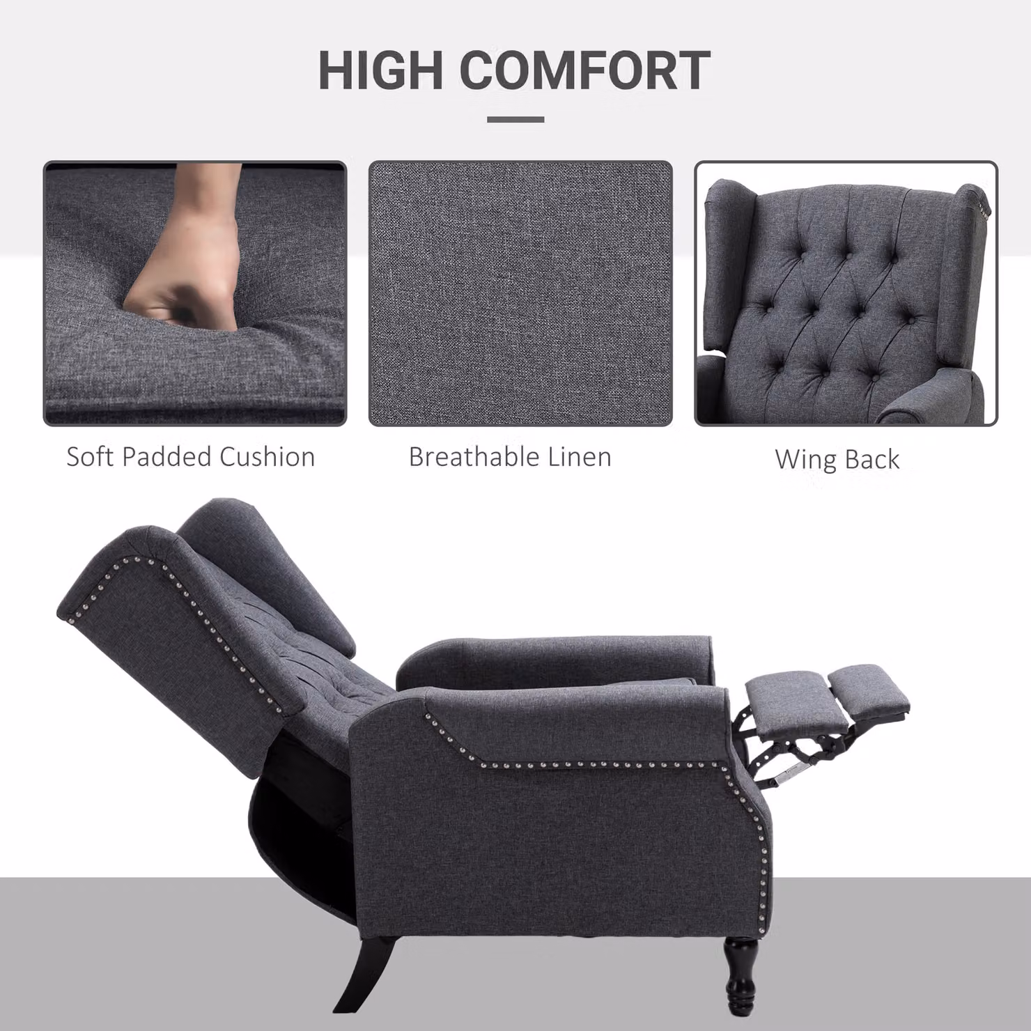 HOMCOM Vintage Recliner Armchair with Integrated Footrest in Grey Fabric – 5