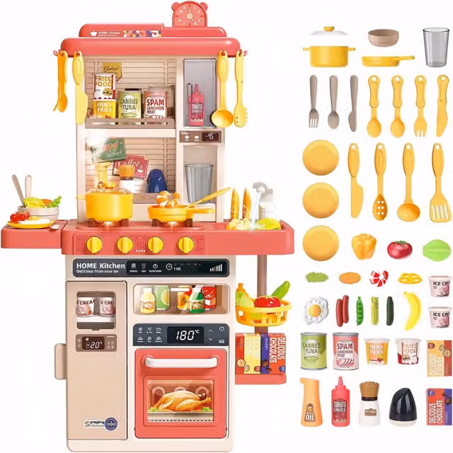 deAO Pink Kitchen Playset Dollhouse with Realistic Lights, Sounds and Spray Function