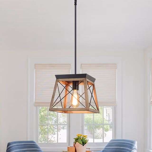 NIVOR Rustic Brown Wooden Lantern Chandelier, Adjustable Dimmable Cage Pendant Light with E27 Socket – 1