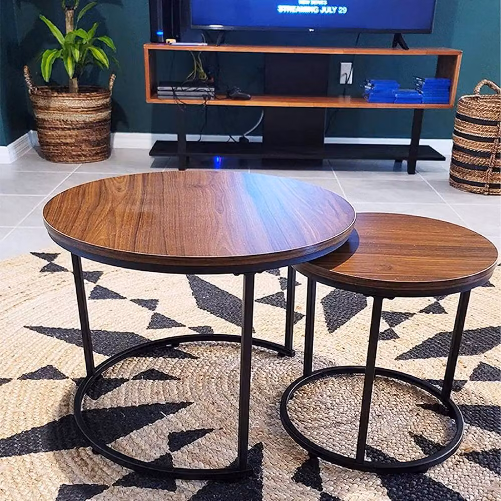 Huhote Set of 2 Round Nesting Coffee and Side Tables with Dark Brown Wood Tops and Matt Metal Frames – 4