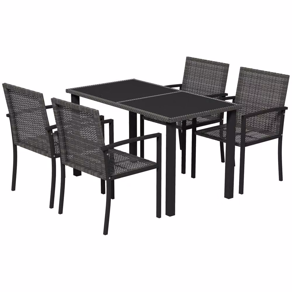 STILVORA 5-Piece Outdoor Dining Set with Grey Tempered Glass Rectangular Table and Powder Coated Steel Chairs – 5