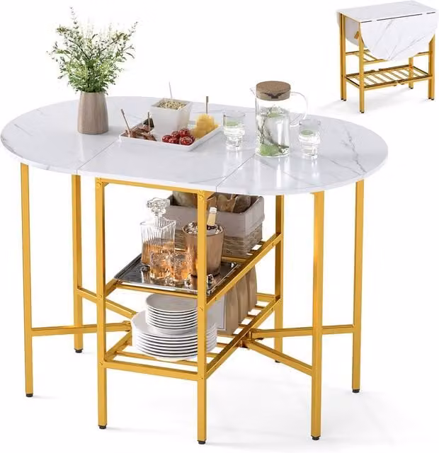 Costway Oval Folding Kitchen Dining Table with 2 Drop-Leaf Side Panels in White – 1