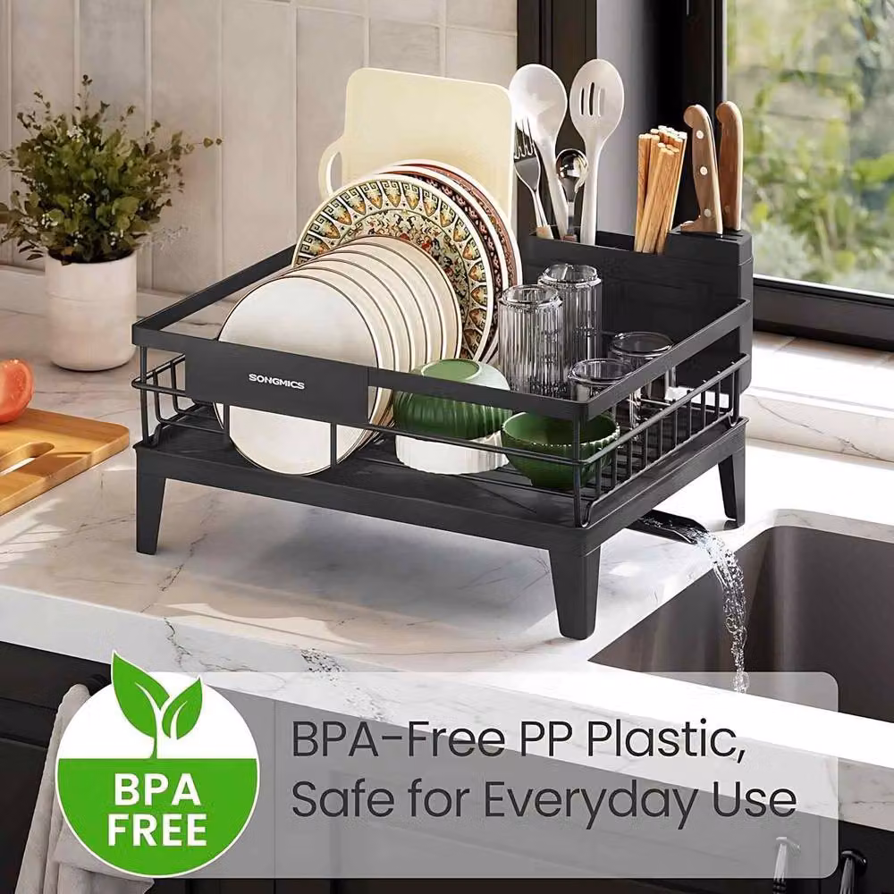 The Bazaarist Rotating Dish Drying Rack with Cutlery Holder and Drip Tray, Black – 4
