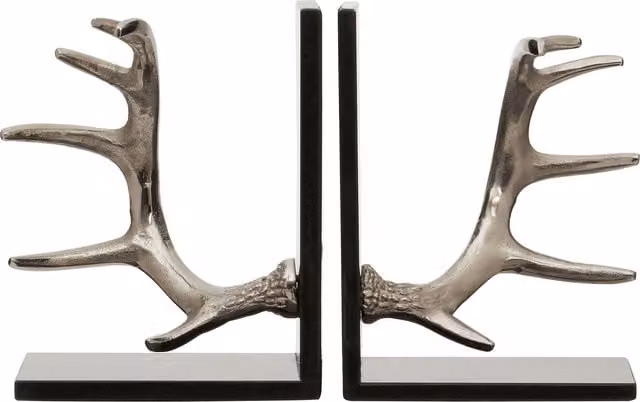 Orsina Set of 2 Silver Metallic Antler Bookends with Black Marble Base