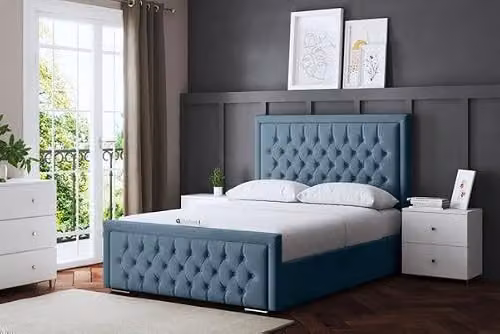 DS Living Allegra Upholstered Chesterfield Bed with Headboard and Lift Up Base, Blue, W/D/H: 90 x 190 x 25 cm