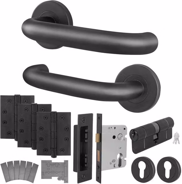 AFIT Matt Black Fire Rated Return to Door Handles with Euro Double Cylinder and Hinges, 150 x 150 mm – 1