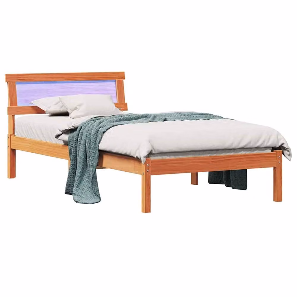 Berkfield Home Wax Brown Pine Wood Bed with Headboard and LED Strip Lights W/D/H: 75 x 190 cm – 1