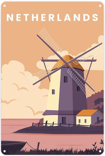 Purely Home Netherlands Windmill Metal Wall Sign, Multicolour Retro Illustration, W: 28 cm, H: 20 cm – 2