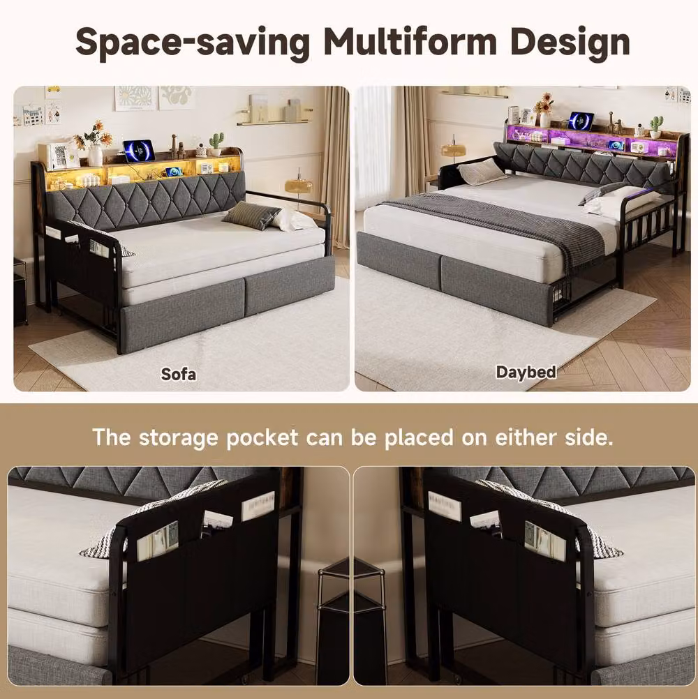 STILVORA Grey Fabric Single Daybed with Storage Drawers, LED Lighting and USB Charging Station, W/D/H: 90 x 190 cm – 4