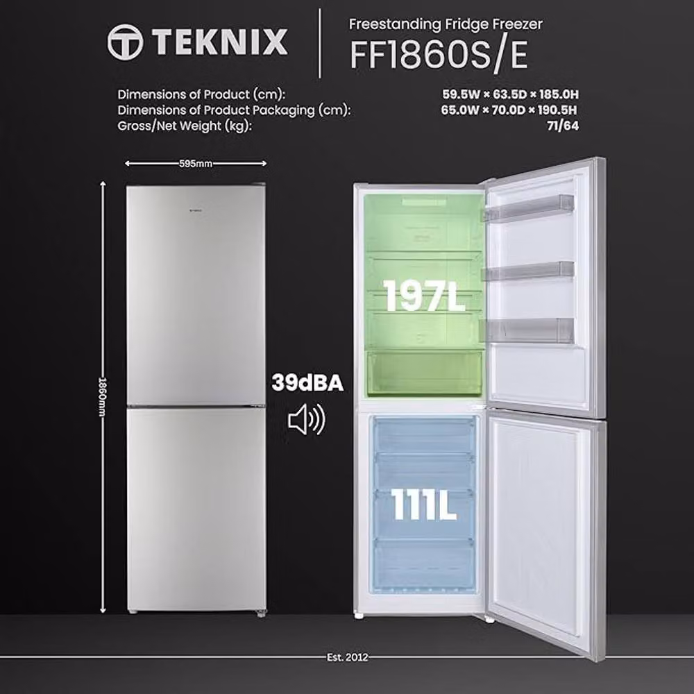 Teknix FF1860S/E Silver Freestanding 50/50 Frost Free Fridge Freezer, H 185.0 cm x W 59.5 cm x D 63.5 cm – 3