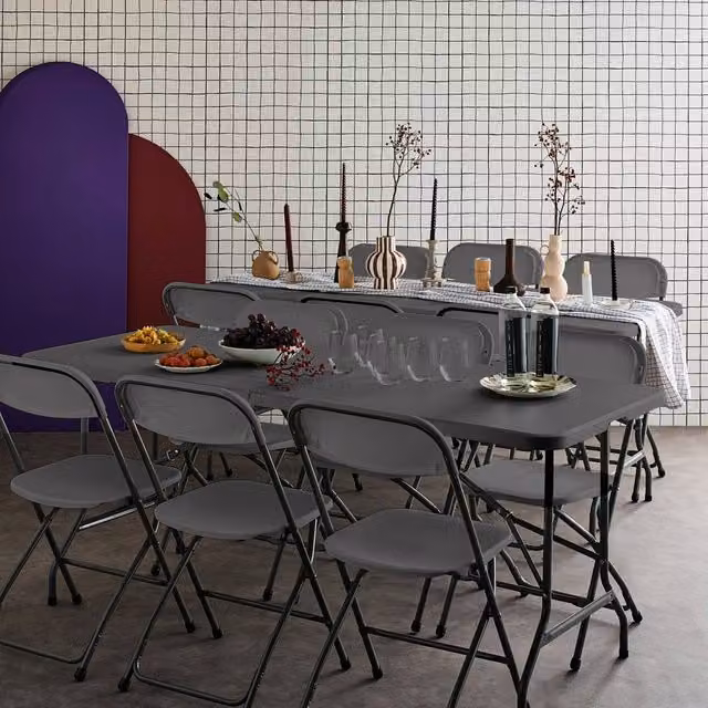 sweeek Pair of Folding Plastic and Metal Reception Tables with 12 Chairs in Dark Grey