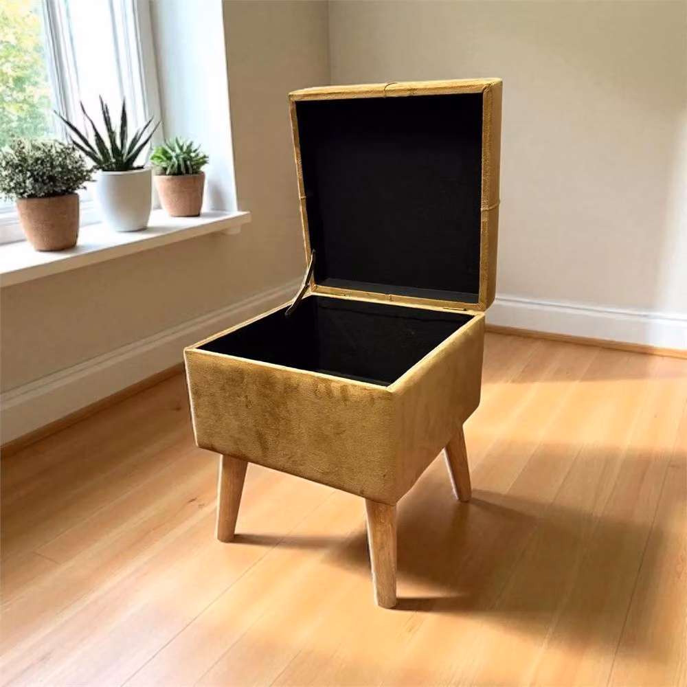 Havendro Mustard Yellow Velvet Square Ottoman with Gold Lift-Up Storage – 2