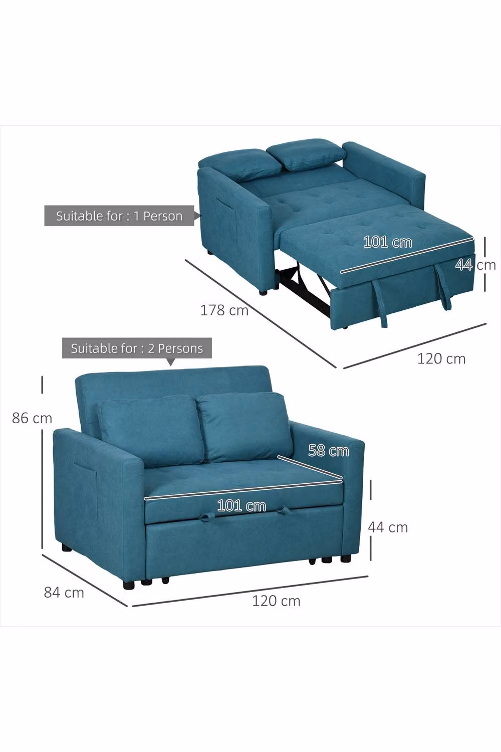 ERGOVEXA Blue Fabric Loveseat Sofa Bed with Pull Out Drawer and Scatter Cushions – 2