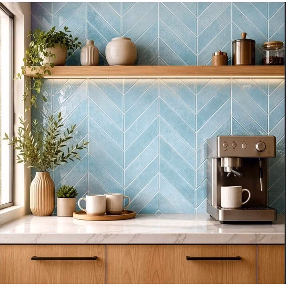 PAWNORA 30pcs Self Adhesive Geometric Tile Look Wall Stickers in Light Blue Glossy Finish for Kitchen and Bathroom – 2