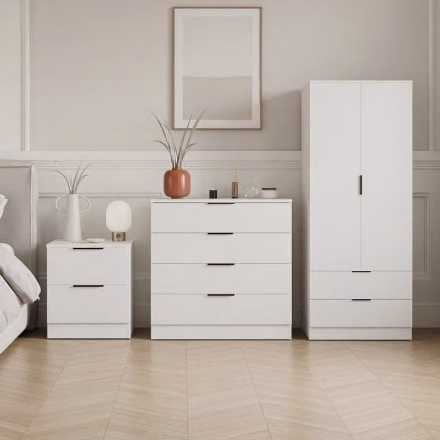 Vida Designs Trega 3 Piece Modern White Bedroom Set including Wardrobe, Chest of Drawers and Nightstand