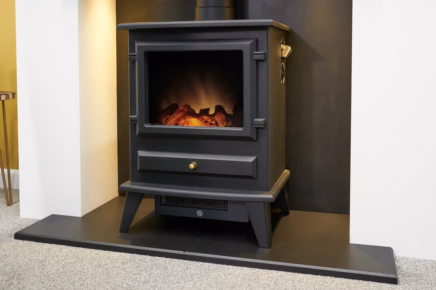Acantha Pre-Built Media Wall 1 with Hudson Black Electric Stove in White, W/D/H: 180 x 43.3 x 225 cm – 2