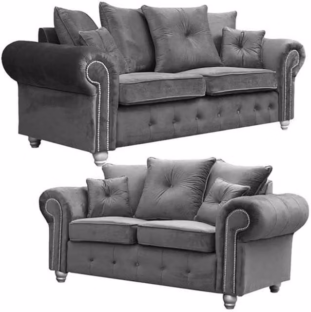 Furnishings For Less UK Zoey Grey Plush Velvet Chesterfield Sofa Suite with 3 Seater and 2 Seater Sofas – 1