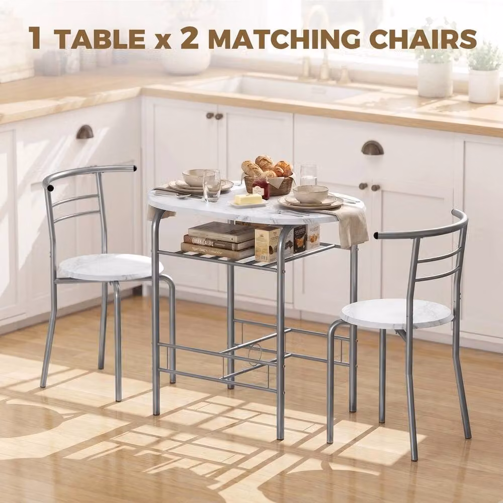 NESTLUNE Modern White Breakfast Bar Table and 3 Stools Set with Marble Effect Top and Metal Legs, W/D/H: 100 x 100 x 100 cm – 2