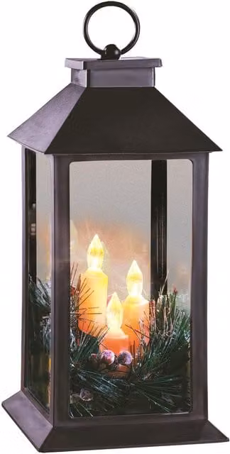 Burwells Christmas Lantern with 3 Flickering Warm White LED Candles, Black with Red and White Decorations, H 28.5 cm x W 14 cm x D 14 cm – 3