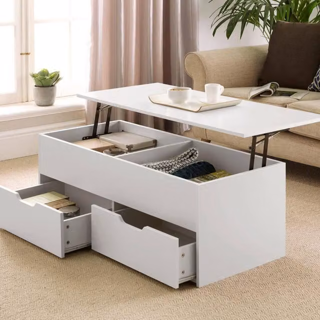 Home Source Wooden Coffee Table with Lift Up Top and 2 Large Storage Drawers in White – 1