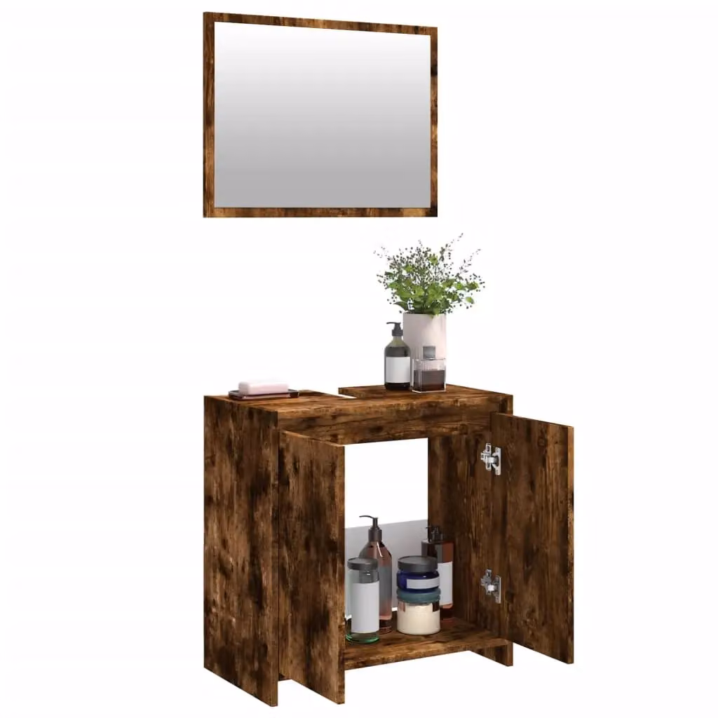 Berkfield Home 2 Piece Industrial Bathroom Furniture Set in Smoked Oak Brown, featuring a Vanity Unit and Mirror Cabinet – 2