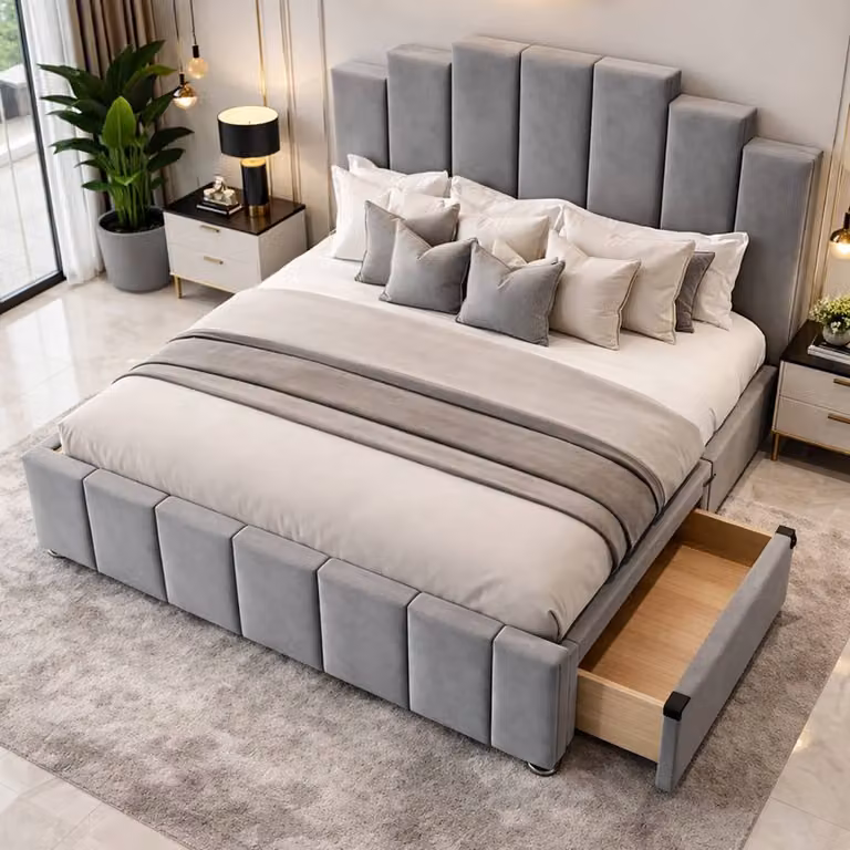 Paradise Beds Ltd Art Deco Plush Velvet Divan Bed Set with Headboard and Drawers in Black and Grey, W/D/H: 120 x 200 cm