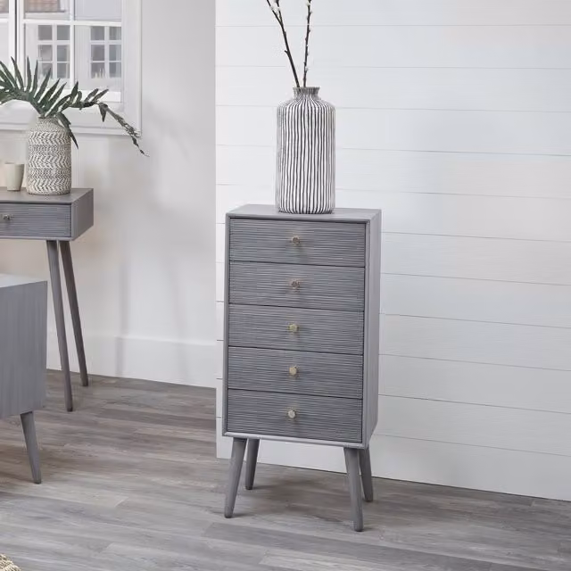 Pacific Lifestyle Modern 5 Drawer Tall Boy Chest in Grey Pine with Gold Accents