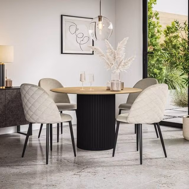 More4Homes Arlo Oak Round Dining Table with Black Legs and 4 Raye Beige Velvet Dining Chairs Set, W/D/H: 120 x 120 x 75 cm