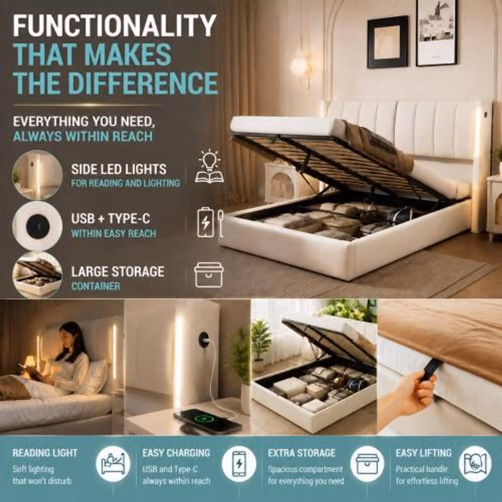 STILVORA Modern Upholstered 5ft King Bed in White PU Leather with USB Charging Port and Lift Up Base, W: 150 cm, L: 200 cm – 5