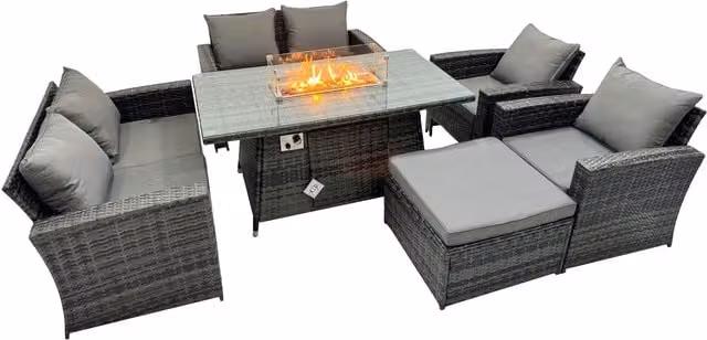 Fimous 7 Seater Rattan Outdoor Dining Set with Rectangular Gas Fire Pit Table and Sofa in Dark Grey