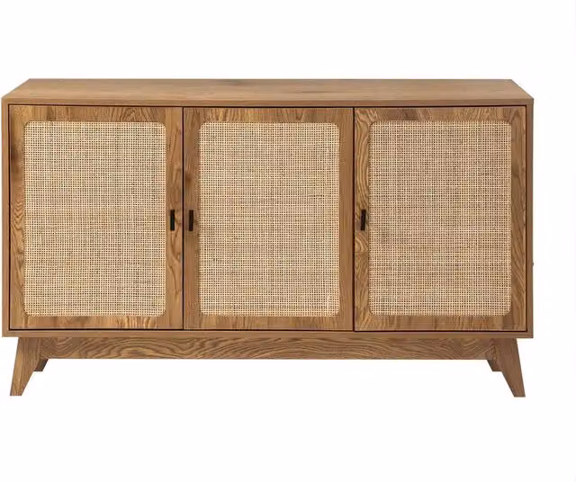 CALICOSY ALIA 3-Door Buffet with Natural Rattan Caning in Light Brown, W: 120 cm, D: 40 cm, H: 72 cm