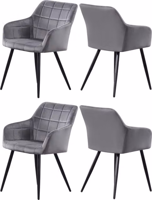 Life Interiors Set of 4 Camden Modern Velvet Dining Chairs with Armrests and Black Metal Legs in Dark Grey – 1