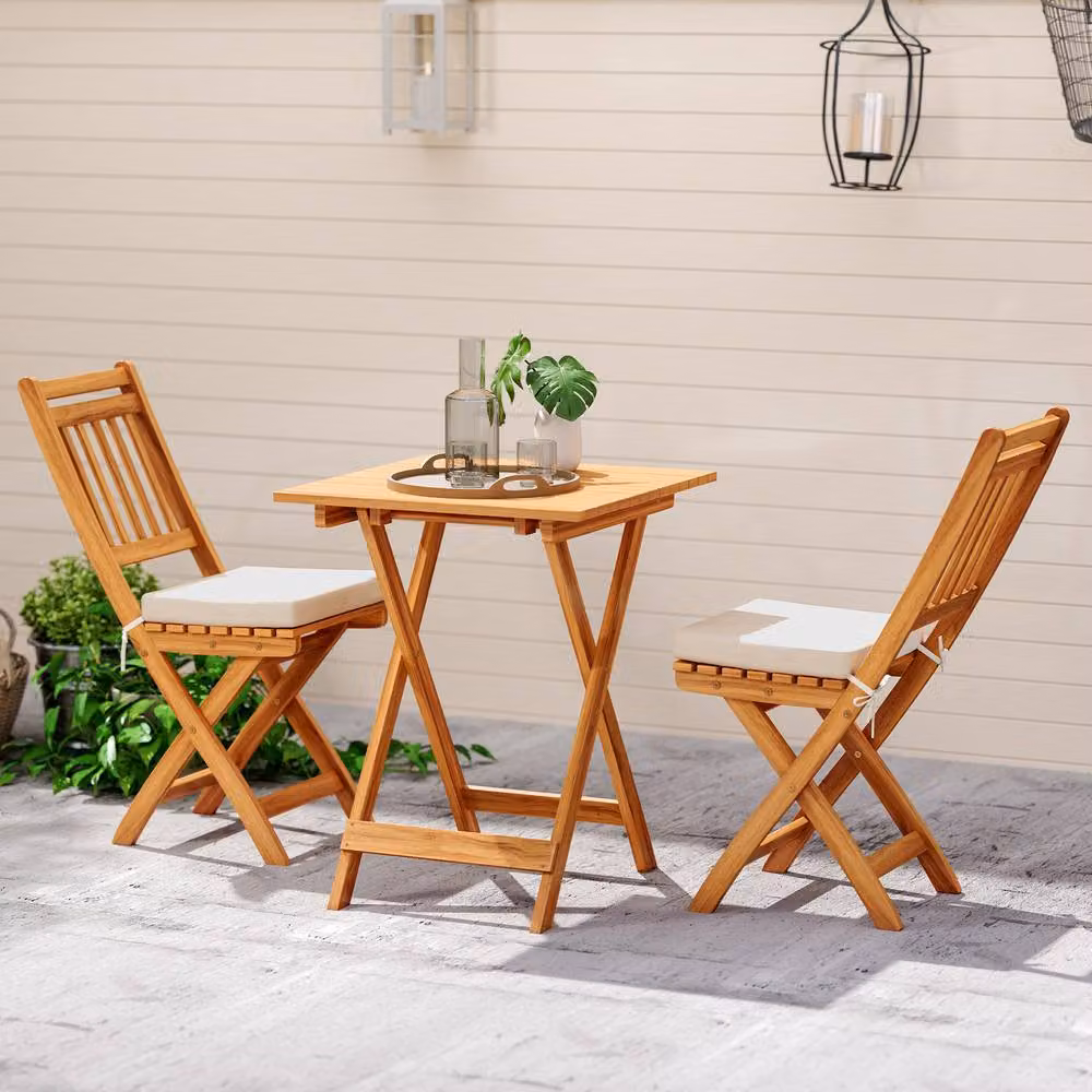 Costway Acacia Wood Folding Bistro Set with White Cushions for Garden, Terrace or Balcony – 6