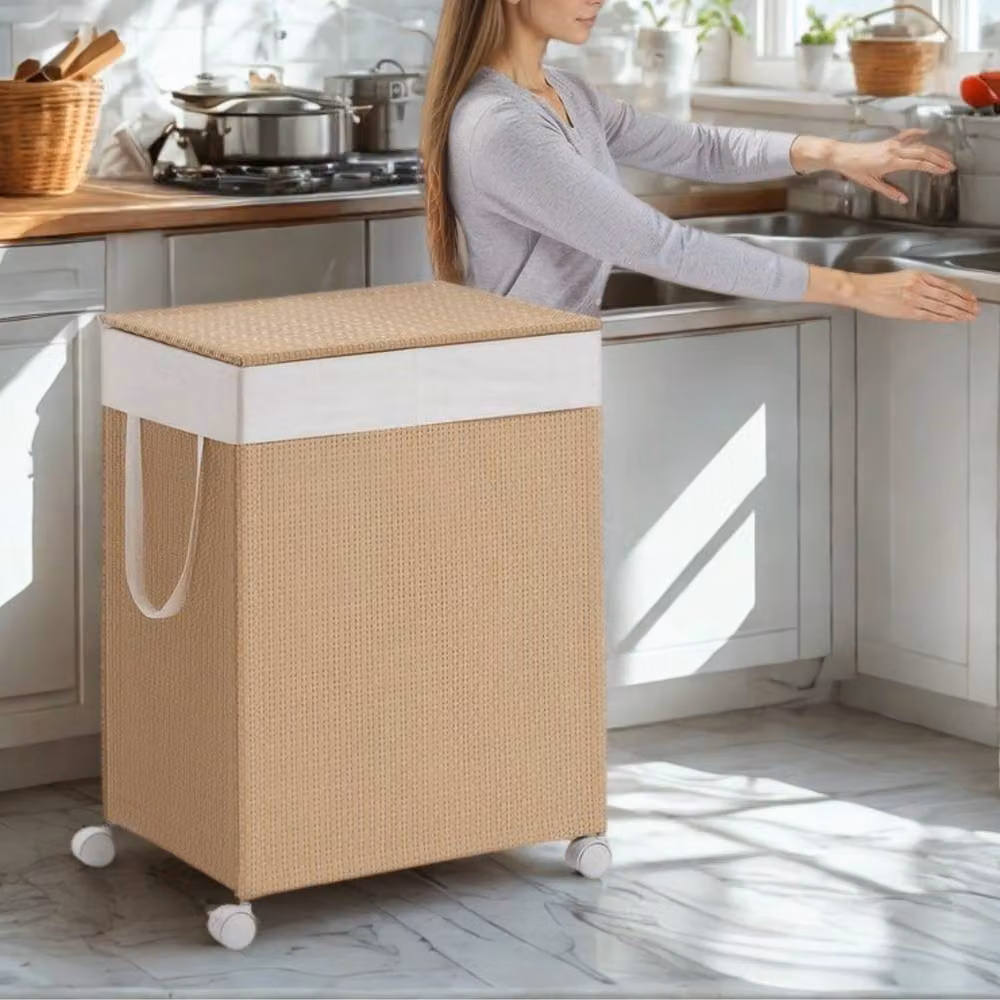 Pirlo Plush 100L Double Laundry Basket with Lid and Removable Lining in Beige – 2