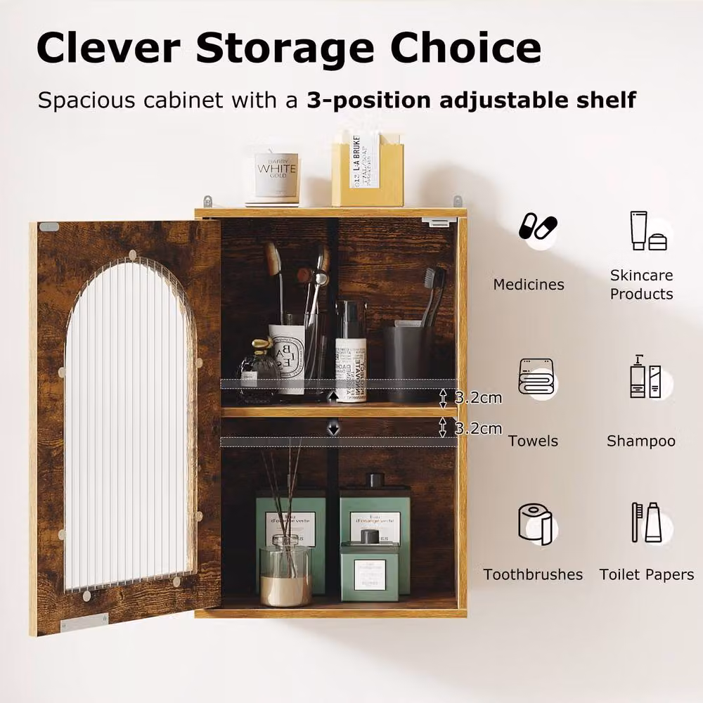 Costway Brown Wooden Wall Mounted Bathroom Medicine Cabinet with Glass Doors and Adjustable Internal Shelf – 4