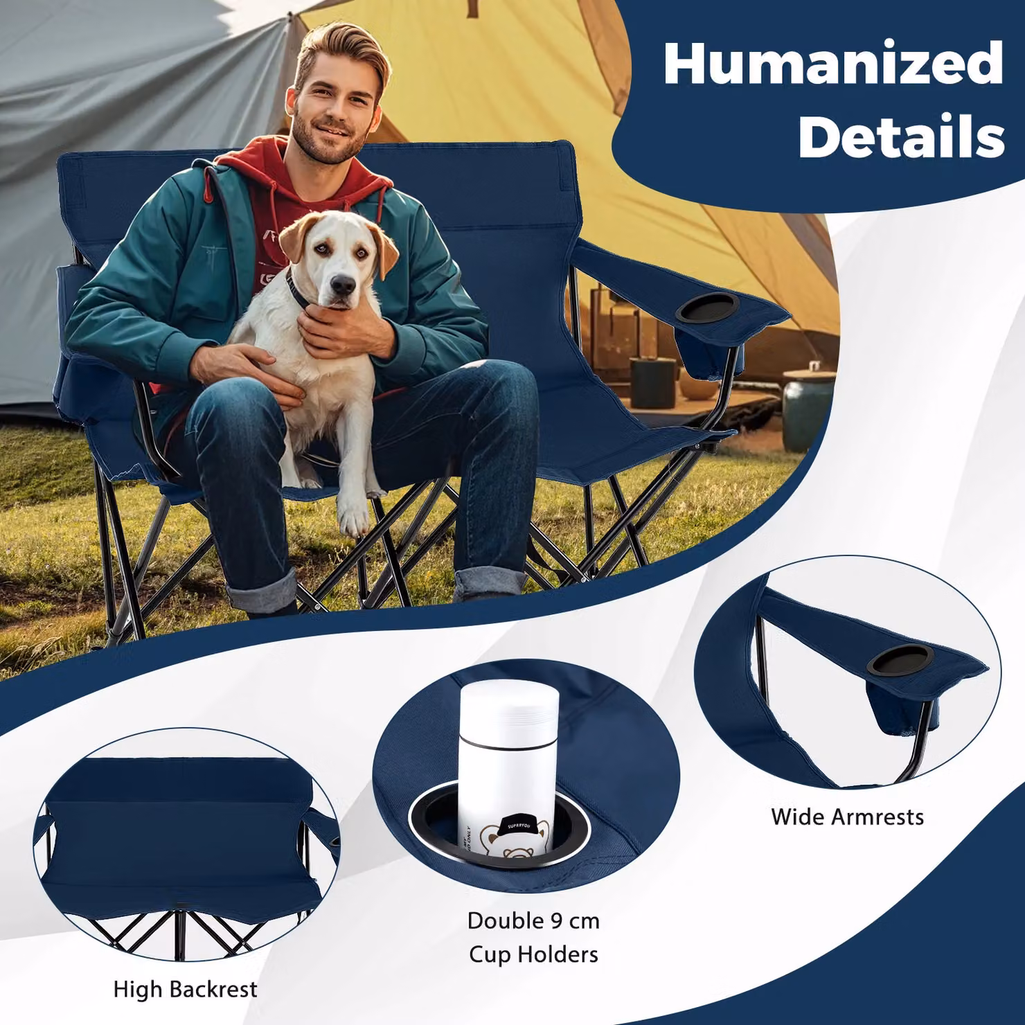Gymax Oversized Double Camping Chair for 2 Adults in Blue with Metal Frame and Cup Holders – 4