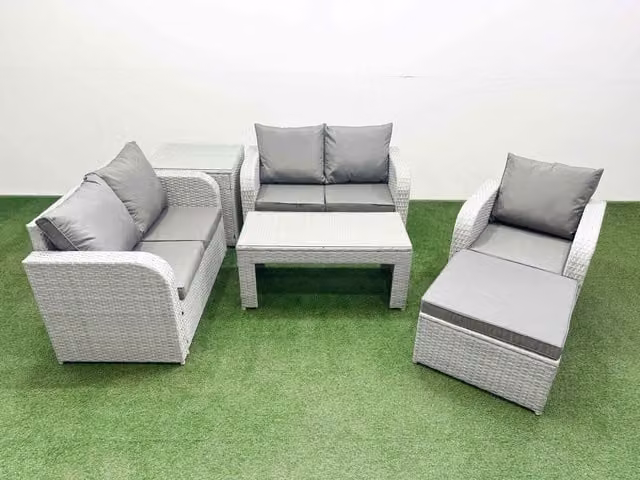 Fimous Grey Poly Rattan Garden Furniture Set with Reclining Chair, Loveseat Sofa, Oblong Coffee Table and Side Table