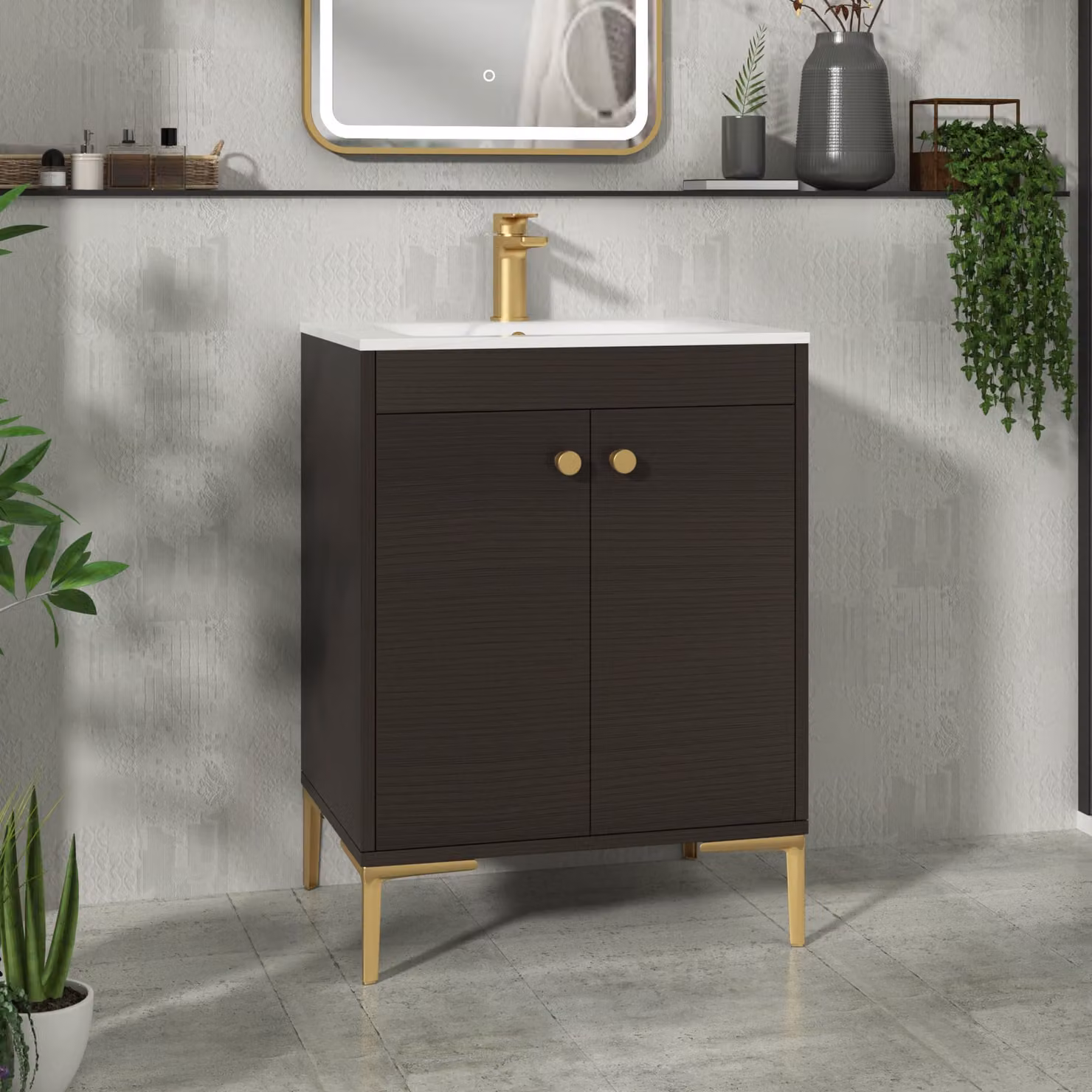 Royal Bathrooms Verona 600mm Walnut Woodgrain Floor Standing 2 Door Vanity Unit with Carrara White Basin and Brushed Brass Knob