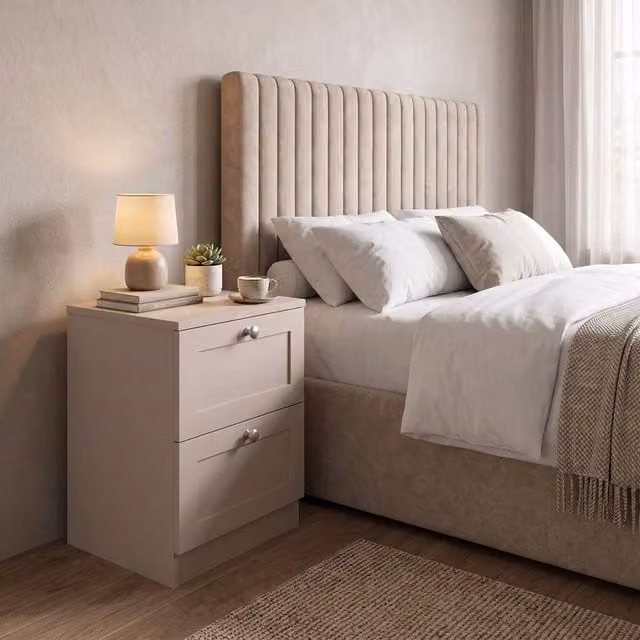 FWStyle Artus Beige Panelled 2 Drawer Bedside Table Chest – 1