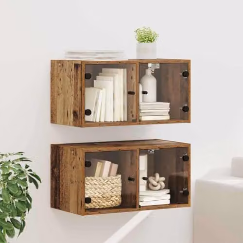vidaXL Set of 2 Modern Wall Mounted Cabinets with Glass Doors in Brown, W/D/H: 68 x 37 x 35 cm – 2