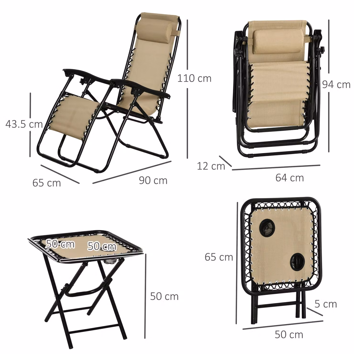 OUTSUNNY 3-Piece Zero Gravity Sun Lounger and Table Set with Cup Holders in Beige – 3