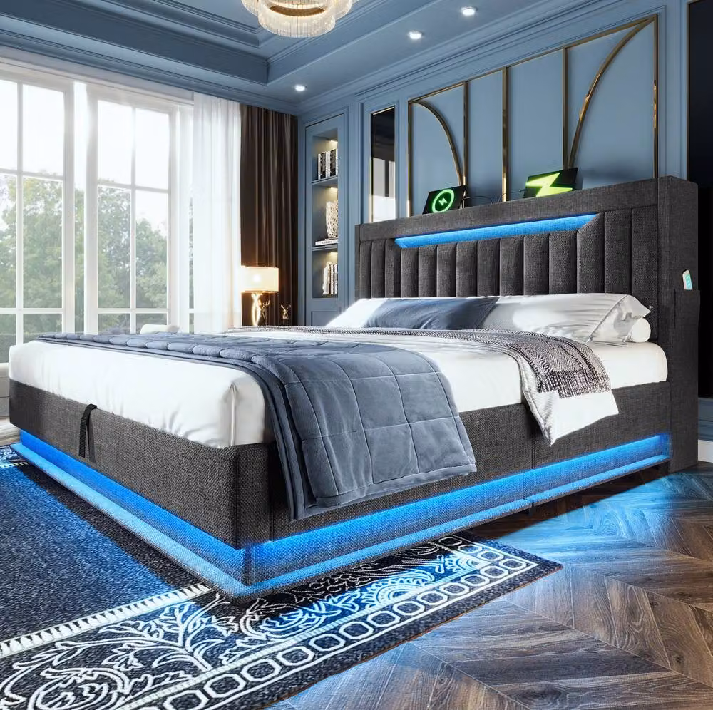 STILVORA King Size Bed Frame in Grey with LED Lighting, USB Charging Ports, Bedside Shelves and Lift-Up Storage W/D/H: 150 x 200 x 30 cm – 2